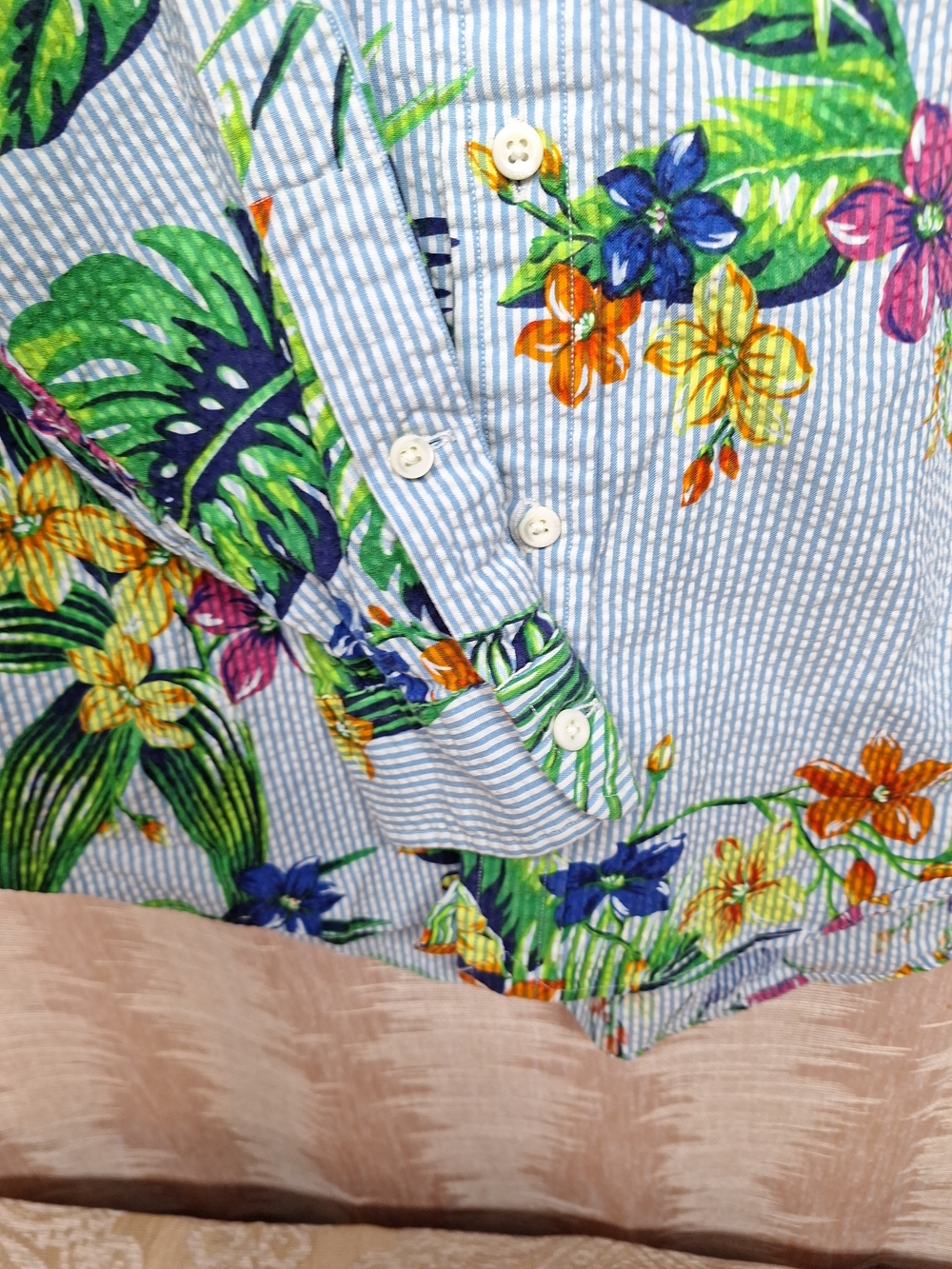 Ralph Lauren Mens Blue Striped Button-Down with Green, Orange & Yellow Floral - Picture 4 of 12